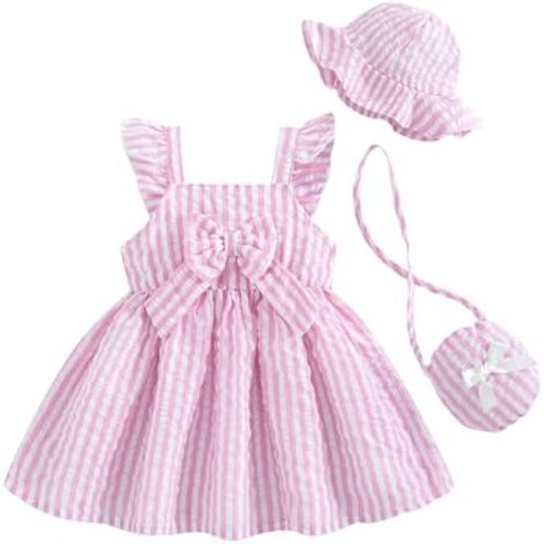 Renotemy Infant Baby Girl Summer Dress Ruffle Flutter Sleeve Bowknot Sundress Gifts Casual Clothes Outfits with Hat and Bag