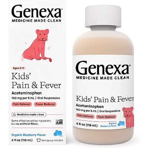 Genexa Children's Acetaminophen Pain and Fever Reducer | 160 mg per 5mL | Made with Delicious Organic Blueberry Flavor | 4 Fluid Ounces