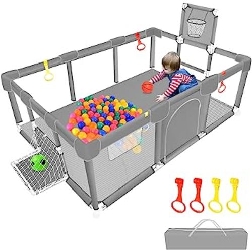 Large Baby Ball Pit Sturdy Play Pen/ Yard W/Basketball Hoop for Babies and Toddlers Children's Fence Play Area, Indoor Outdoor Kids Activity Center, Infant Safety Gates (Grey)