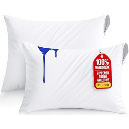 Utopia Bedding Set of 2 Waterproof Pillow Protectors with Zipper Standard Size (White), Ultra Soft Pillow Covers, Bed Bug and Dust Mite Proof Pillow Encasements, Moisture Wicking Pillow Cases