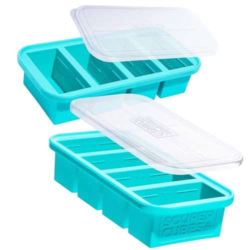 Souper Cubes 1 Cup Silicone Freezer Molds - Soup Cubes Perfect for Freezing Broth, Rice, Leftovers and More - Silicone Freezer Trays with Lids for Meal Prep - Aqua - 2-Pack