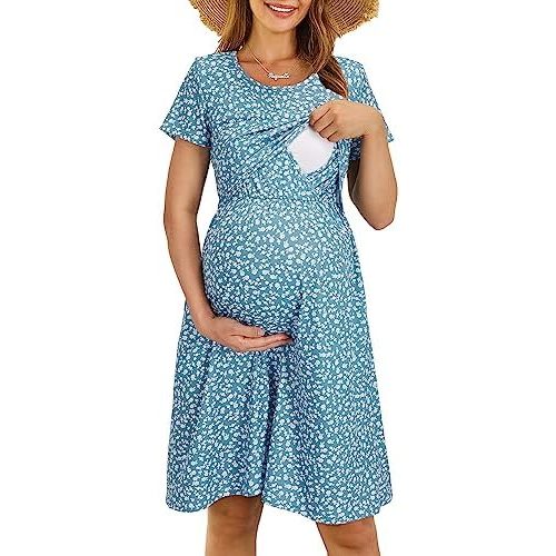 OUGES Womens 2025 Short Sleeve Summer Floral Maternity Dresses Nursing Gown Breastfeeding Clothes