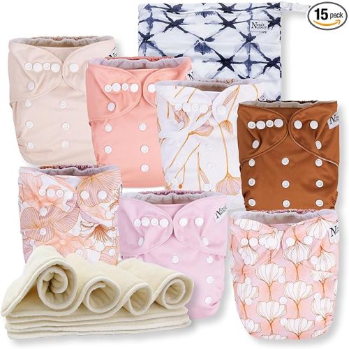 Nora's Nursery Cloth Diapers 7 Pack with 7 Inserts & 1 Wet Bag - Waterproof Cover, Washable, Reusable & One Size Adjustable Pocket Diapers for Newborns and Toddlers - Magnolia