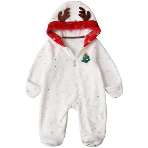 Baby Boys Girls Hooded Footies Newborn Christmas Outfit Star Sequined Zip Up Romper Bunting with Elks Antlers