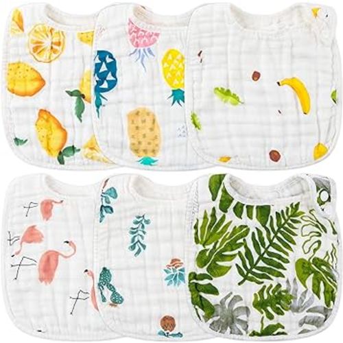 Zainpe 6Pcs Snap Muslin Cotton Bibs for Baby Lemon Flamingo Leaf Pineapple Bib with 6 Absorbent & Soft Layers Machine Washable Adjustable Burp Cloth for Drooling Eating and Teething