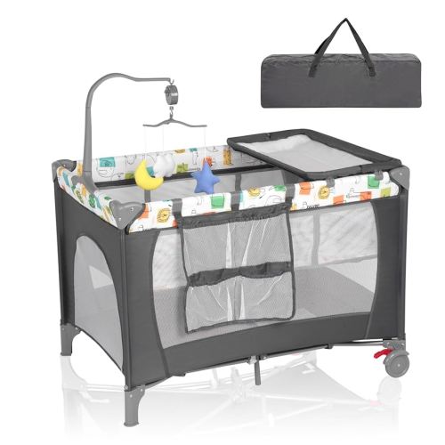 XueMi 3 in 1 Portable Pack n Play, Foldable Baby Playard with Bassinet, Large Playpen for Infant and Toddler, Baby Bedside Crib with Newborn Diaper Changer, Travel Bag, Hanging Toys