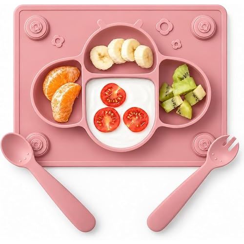 Suction Plates for Baby Placemat Spoon Fork Set for Toddlers, Silicone Baby Plates with Suction Baby Dishes for Kids Plates-pale mauve
