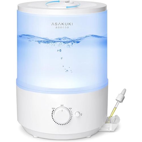 ASAKUKI Humidifiers for Bedroom, 3L Top Fill Cool Mist Humidifiers for Baby Nursery & Plants, 3-IN-1 Quiet Air Humidifier, Oil Diffuser & Night Light for Large Room Home, Auto Shut-off, BPA-Free, 30H