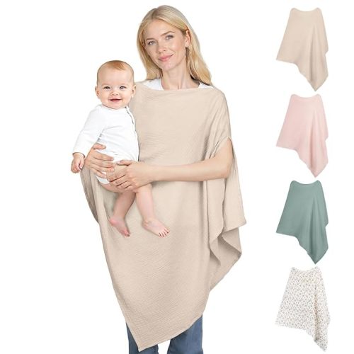 Muslin Nursing Cover Up for Breastfeeding, Soft & Breathable Cotton Breast Feeding Cover for Women, Full Privacy Breastfeeding Cover - Newborn Baby Essential, Light Brown