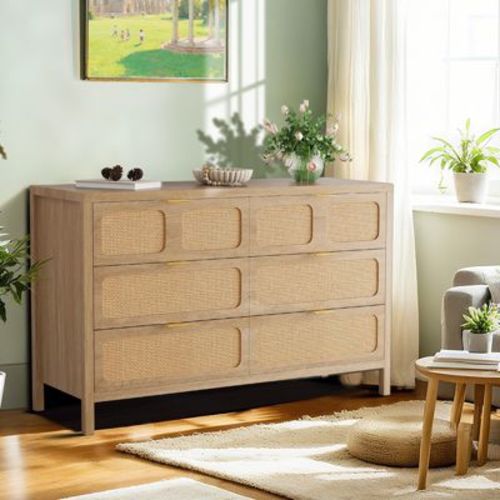 6-Drawer Rattan Dresser with Metal Handles, Farmhouse Wood Storage Chest for Bedroom, Living Room, Hallway, Entryway
