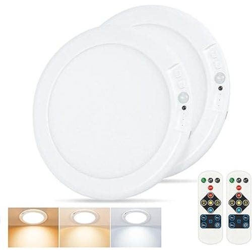 Rechargeable Ceiling Light, No Wiring Battery Operated Ceiling Light with Remote, Motion Sensor Dimmable Timing Motion Activated Overhead Shower Light for Bathroom Pantry Hallway Porch (2)