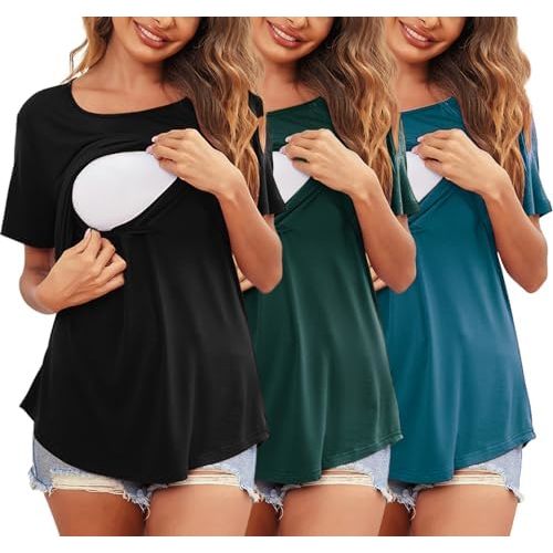 Ekouaer Women's Maternity Shirts Short Sleeves Nursing Tops 3 Pack Double Laye Breastfeeding Tees Pregnancy Clothes S-XXL