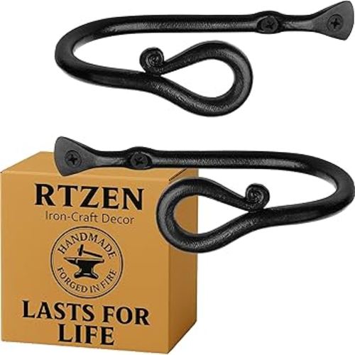 RTZEN Decorative Metal Curtain Tiebacks - Farmhouse Wrought Iron Curtain Holdbacks - Drapery Holders for Wall - Unique Metal Tie Backs for Curtains - 2 Pcs (Black Loophole)