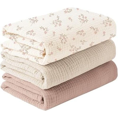Konssy 3 Pack Muslin Swaddle Blankets for Unisex, Newborn Receiving Blanket, Large 47 x 47 inches, Soft Breathable Muslin Baby Swaddles for Boys & Girls