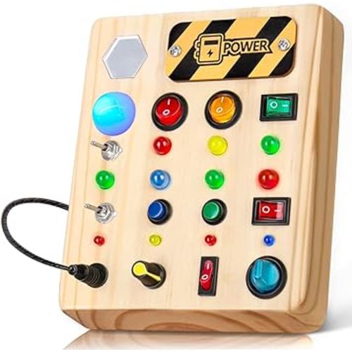 Busy Board Montessori Toys for Toddler, Wooden Sensory Board Switch Toy with Shape Sorter LED Light Up Toys Educational Plane Travel Activity for 1-6 Year Old Girls & Boys Gifts
