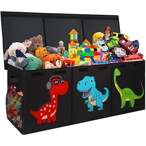 Extra Large Toy Box, Collapsible Sturdy Storage Organizer with Lids, Dinosaur Toybox for Boys Girls, 40"x16"x16" Kids Toy Chest Bin Baskets for Living Room, Playroom, Bedroom, Nursery, Black