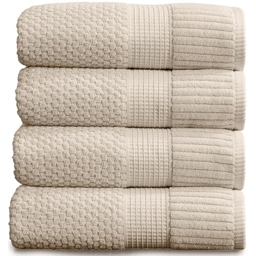 NY Loft 100% Cotton Bath Towel 4 Pack | Super Soft & Absorbent Quick-Dry Bath Towels 30" x 52" | Textured and Durable Cotton | Premium Thick Towels | Trinity Collection (4 Pack Bath Towel, Sand)