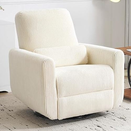 360° Swivel Glider Recliner Chair, Oversized Rocker Recliner with Heating and Massage, Glider Chair for Nursery with Pillow,24" Extra Wide Rocking Chair for Living Room, Corduroy Beige