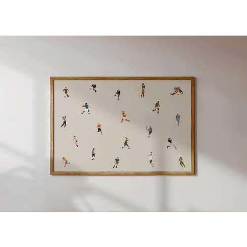 40x30 Tiny Male Sports Players Print | Retro Minimalist People Art Gift for Baseball Dad Grandpa Horizontal Office Wall Decor Matte Physical Print