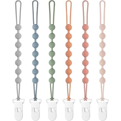 6 Pack Baby Pacifier Clip, Silicone Pacifier Clips Holder with One Piece Design, BPA Free, Soft Flexible Binky Clips with Texture for Baby Boy and Girl