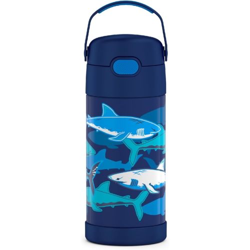 THERMOS FUNTAINER Water Bottle with Straw - 12 Ounce, Sharks - Kids Stainless Steel Vacuum Insulated Water Bottle with Lid