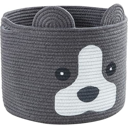 Dog shaped Basket, Large Woven Cotton Rope Animal Storage Basket for Kids, Baby Laundry Basket for Toys, Towels, Blanket, Clothes | Dogs Gift Basket - 16" L×12" H, Dark Grey