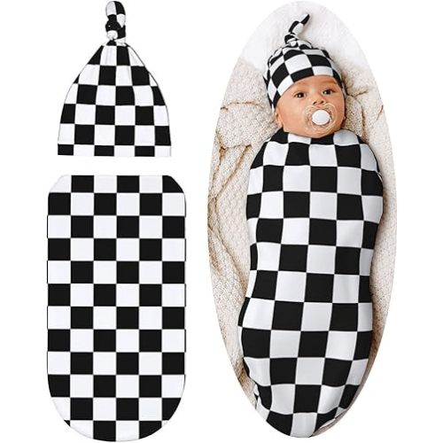 Black and White Checkered Baby Stuff Swaddle Blanket Soft and Stretchy Newborn Swaddle Blankets Sack Receiving Blanket with Beanie Hat Gift for Girls and Boys Infant
