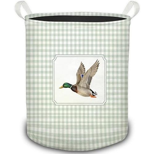 Sage Green Checkered Mallard Duck Laundry Basket, Cottagecore Flying Mallard Duck Foldable Laundry Hamper With Handles Clothes Toys Storage Basket for Boys Nursery Room Playroom