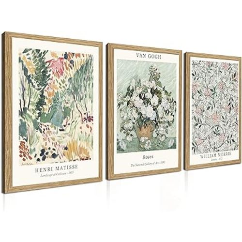 Induslyfe Framed Sage Green Vintage Wall Art Canvas Decor Set of 3, Matisse Wall Art Prints Posters Mid Century Modern Art, Van Gogh Floral Botanical wall art, bathroom, bedroom, living room 12x16