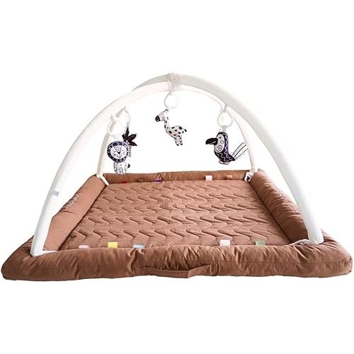 Play Gym with 5 Sensory Toys, Thick & Plush Playmat for Floor, Tummy Time Mat, Convertible Stage-Based Development from Baby to Toddler (GoldenBrown_02)