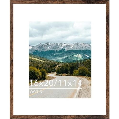 Wood 16x20 Picture Frame with 11x14 Mat Deep Brown, Display 11x14 with Mat or 16x20 Without Mat, Wood 16 by 20 Photo Frame, 16 x 20 Frame for Wall Hanging Display, Deep Brown