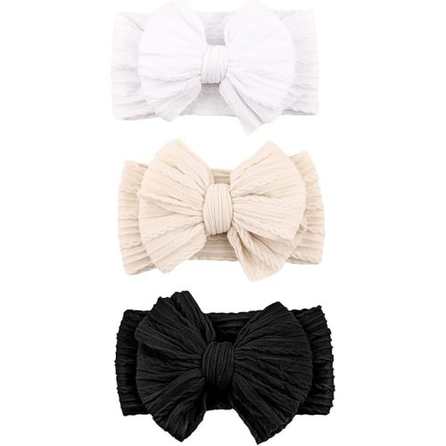 Baby Bows Headbands Nylon Hairbands Baby Girl Bows Hair Accessories for Infant Toddler Essentials(Black White Beige, mid)