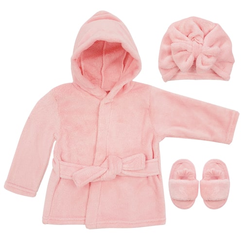 Baby Robe - Soft Plush Bath Towel Robe Spa Set - Baby Bathrobe Towel & Slippers for Boys + Turban for Girls Robe Set (Pink, 0-9 Months)