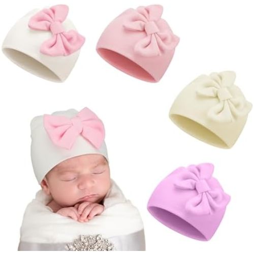 Cuffbow 4 Pcs Preemie Hats Bow Cap Warm Hospital Premature Baby Cotton Beanie for Premature Boy Girl Newborn 3-7 Lbs Infant