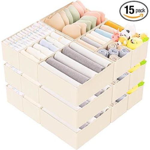 Criusia 15 Pack Drawer Organizer for Clothes, Foldable Dresser Dividers with 3 Sizes, Fabric Storage Bins – Beige