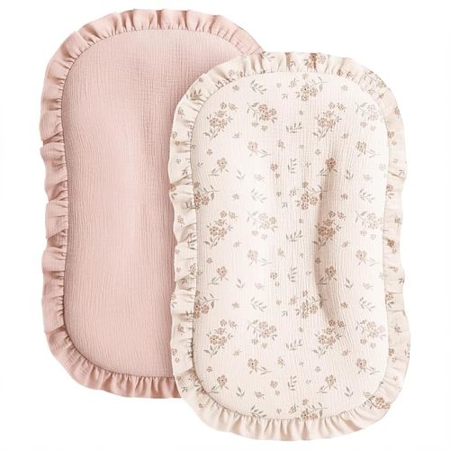 Konssy Muslin Baby Lounger Cover 2 Pack, 100% Cotton Newborn Lounger Cover, Soft and Breathable Lounger Slipcover for Boys Girls, Covers Only (Pink,Flower Blossom)