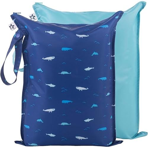 Tiny Twinkle Mess-proof Wet Bags 2 Pack Waterproof and Washable Bag for Travel storage, Stroller, Daycare, Baby Diapers, Yoga, Beach, Pool, Wet Toddler Swimsuits (Ocean)