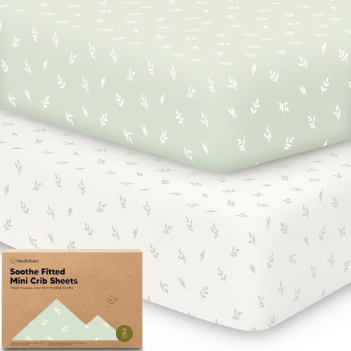2-Pack Mini Crib Sheets Fitted - 38x26 Pack N Play Sheets for Pack and Play Mattress, Organic Cotton, Soft & Breathable Playard Bedding, Neutral Mini Toddler Bed Cover for Boys, Girls (Herb)