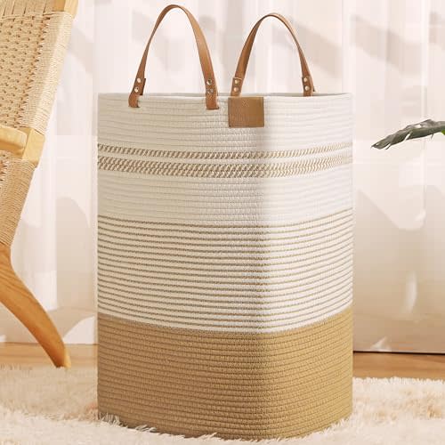 danpinera Large Laundry Hamper – 75L Tall Woven Cotton Storage Basket with Leather Handles, Slim Dirty Clothes Hamper, Decorative Storage Basket for Blanket,Toys White & Jute