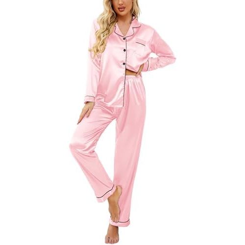 Ekouaer Women's Classic Button Down Long Satin Silk Pajama Set