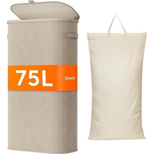 Lifewit 75L Slim Laundry Basket with Lid, Narrow Large Laundry Hamper with Plastic Handles and Removable Bag, Tall Foldable Dirty Clothes Hampers for Laundry Room, Bedroom, Bathroom, Dorm, Beige