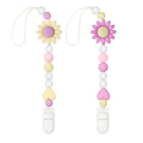 2 Pack Silicone Pacifier Clip for Boys and Girls, Features One-Piece Design Pacifier Strap with Clip, Adorable Sunflower Pacifier Holder for Baby Teethers and Toys