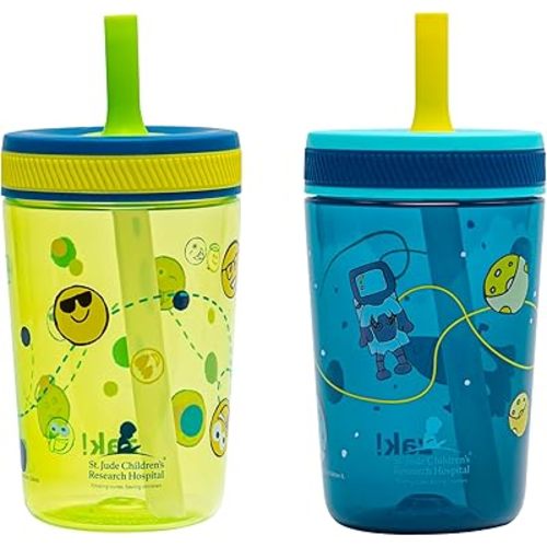 Zak Designs Kelso Toddler Tumblers Benefiting St. Jude, For Travel or At Home, 15oz 2-Pack Durable Plastic Sippy Cups With Leak-Proof Design is Perfect For Kids (Space and Smiles)