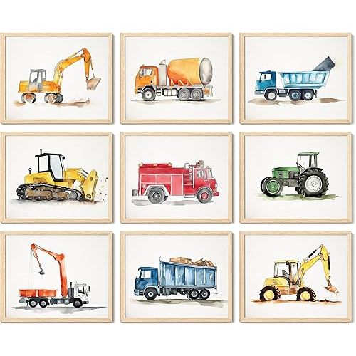 97 Decor Construction Room Decor for Boys - Tractor Wall Decor, Dump Truck Wall Art, Construction Nursery Decor, Tractor Pictures Car Vehicle Prints Transportation Posters for Kids Toddler (Unframed)