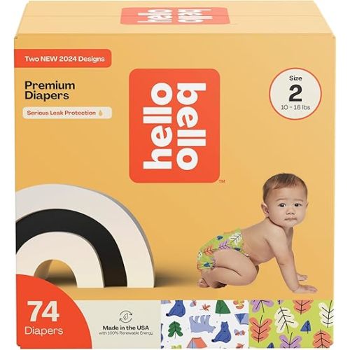 Hello Bello Premium Diapers Size 2, Happy Camper & Live Leaf Love Designs, 74ct Club Box