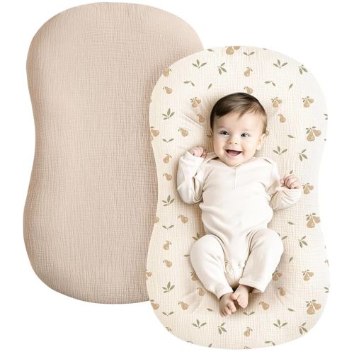 Konssy Muslin Baby Lounger Cover 2 Pack, 100% Cotton Newborn Lounger Cover, Soft and Breathable Baby Nest Slipcover for Boys Girls (Summer Wheat, Pear)
