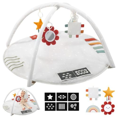 Baby Play Gym & Tummy Time Mat - Soft Cotton Mat with 6 Toys for Boys/Girls - Stylish Activity Playmat for Infant Development & Playroom Decor