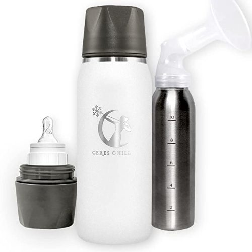 Breastmilk Chiller Reusable Storage Container by CERES CHILL | Cooler - Keeps Milk at Safe temperatures for 20+ Hours | Bottle Connects w/Major Pumps, 12 to 34oz (1 Chiller, Future’s So Bright White)