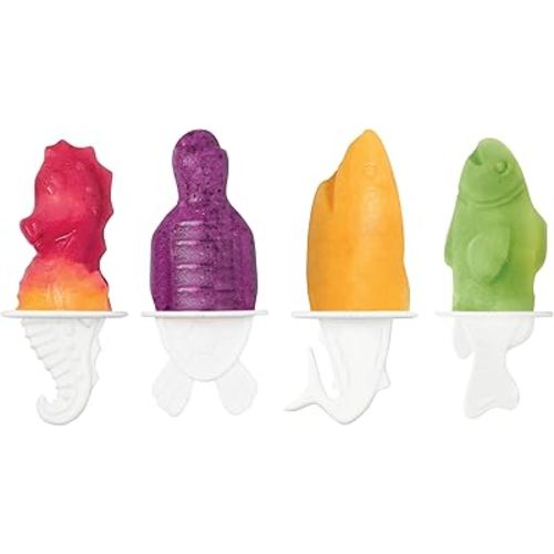 Tovolo Silicone Popsicle Molds with Sticks (Ocean Friends) - Ice Pop Molds with 4 Cavities for Homemade Flavored Ice Pops & Frozen Snacks - Popsicle Maker with Drip-Guards, Dishwasher Safe & BPA-Free