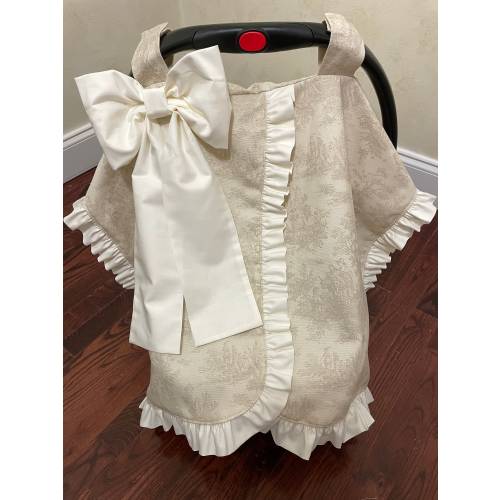 Choose Your Color Toile Car Seat Canopy with Large Bow and Ruffle, Monogrammed Car Seat Tent, Personalized Baby Shower Gift